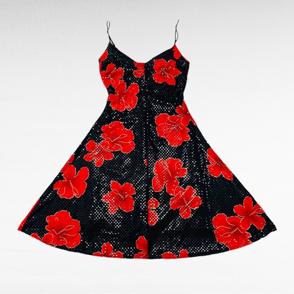 VINTAGE | 1990’s Dotted Hibiscus Florals Spaghetti Strap Shimmery Cocktail Dress - Picture 5 of 10